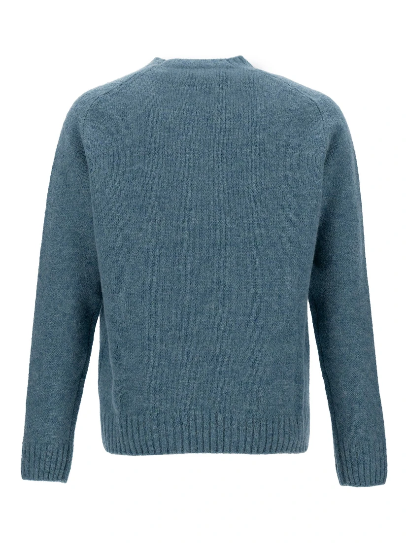 Light Blue Crewneck Sweater with Ribbed Trims in Alpaca and Wool Man