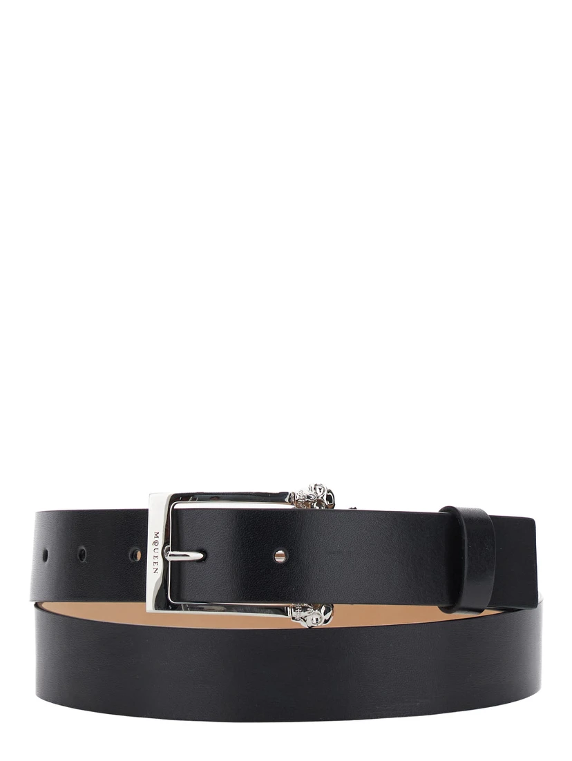 Twin Skull Black Belt with Logo Detail on the Buckle in Leather Man