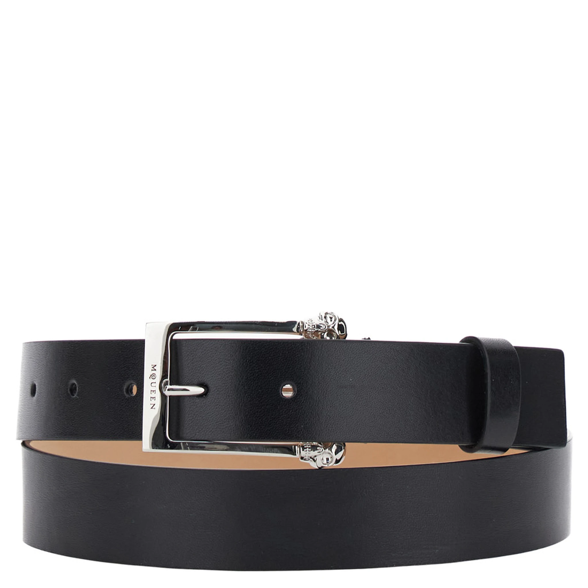 Twin Skull Black Belt with Logo Detail on the Buckle in Leather Man