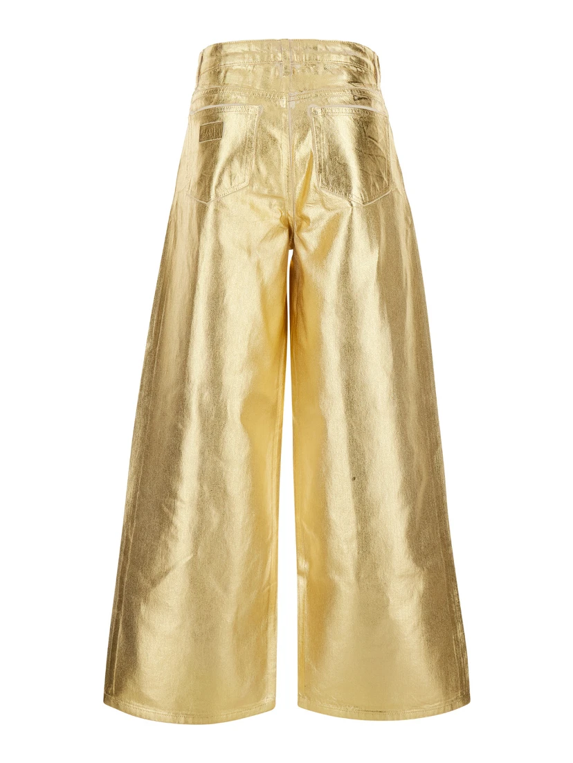 Gold Five Pockets Wide Jeans in Laminated Fabric Woman