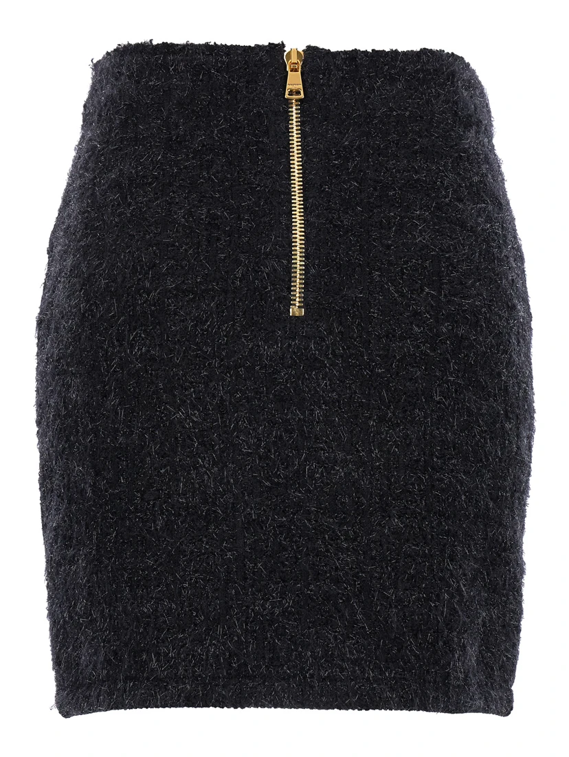 Black Pencil Mini Skirt with Jewel Buttons in Tweed Woman