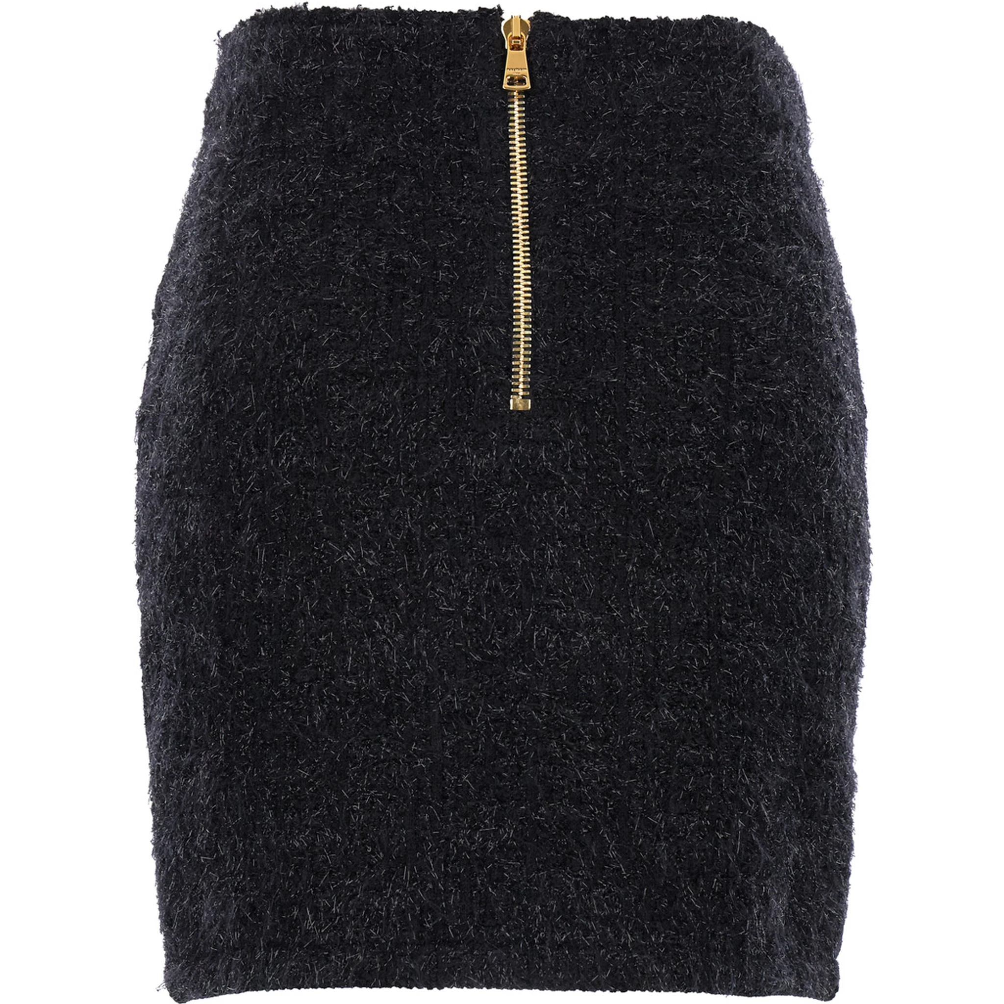 Black Pencil Mini Skirt with Jewel Buttons in Tweed Woman