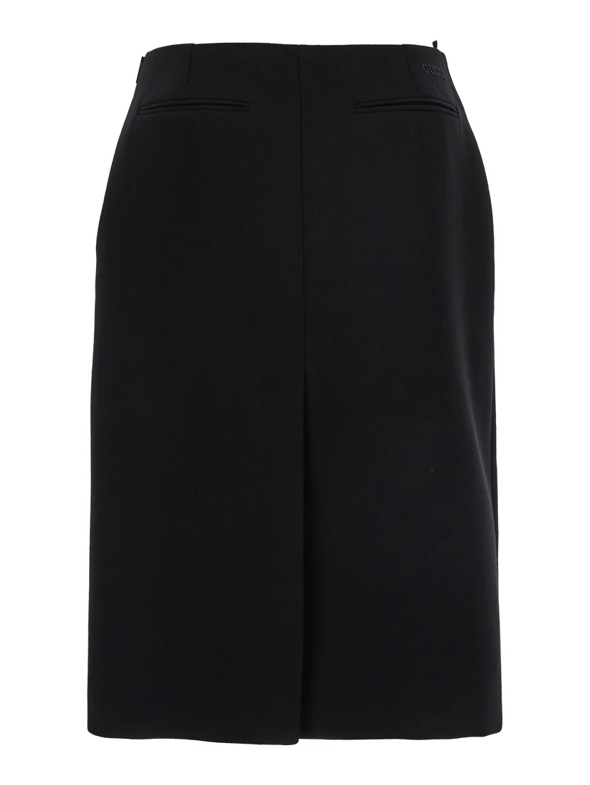 Black High Waist Skirt with Logo Lettering on Waist and Zip Puller in Wool Woman