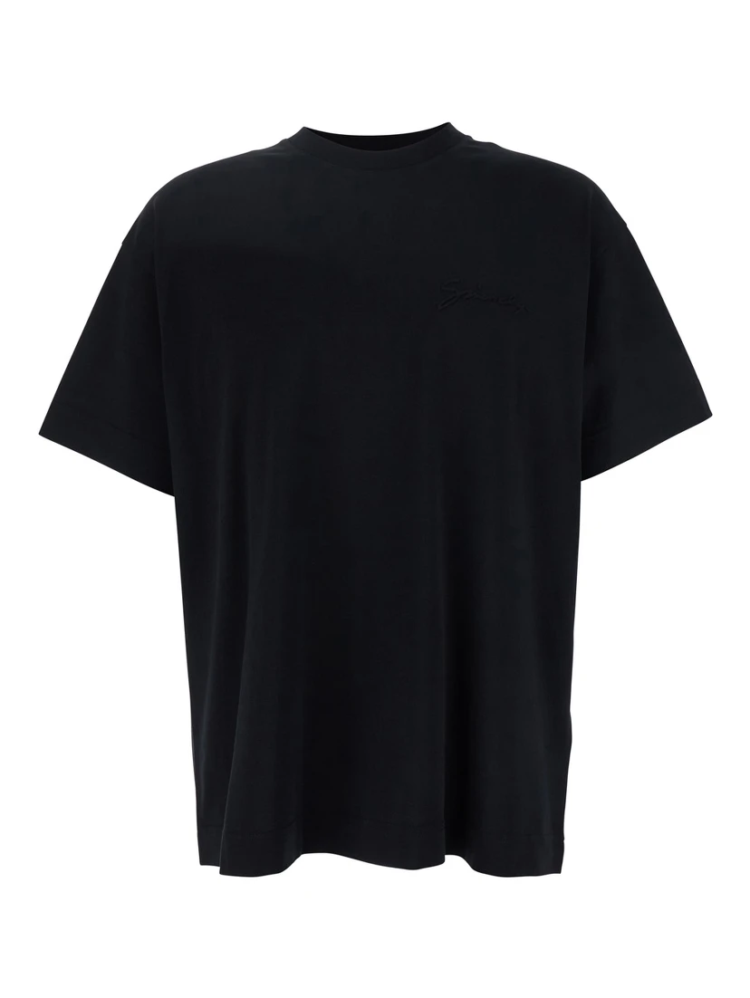 Black Crewneck T-Shirt with Embossed Logo on Front in Cotton Man