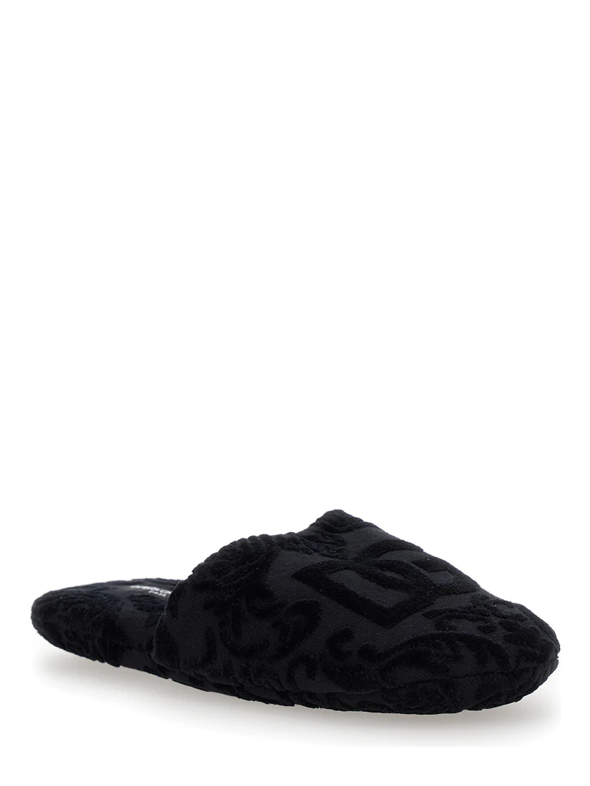Black Slippers with DG Logo Jacquard in Cotton Terry