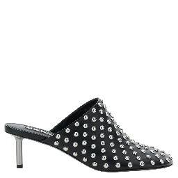 Black Mules with Low Heel and All-Over Stud Embellishments in Leather Woman
