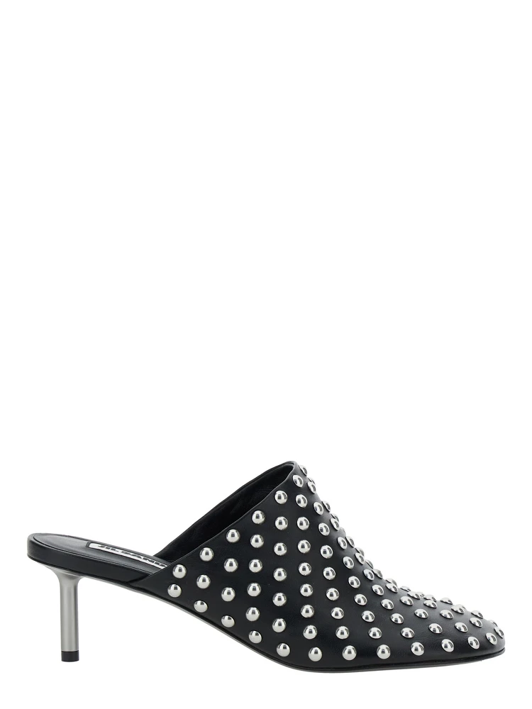 Black Mules with Low Heel and All-Over Stud Embellishments in Leather Woman