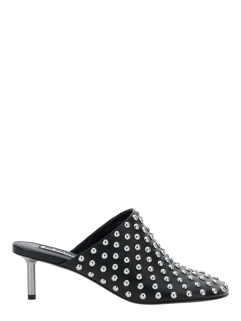 Black Mules with Low Heel and All-Over Stud Embellishments in Leather Woman