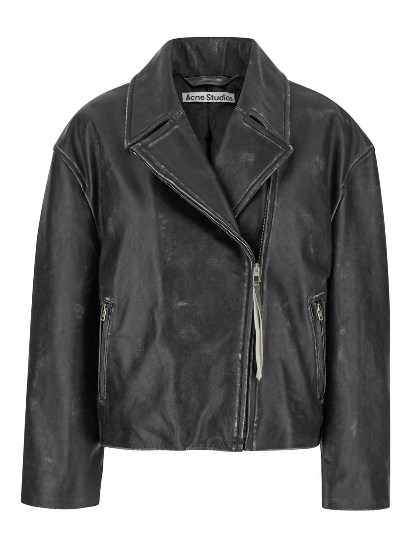 Black Biker Jacket in Vintage Looking Leather Woman