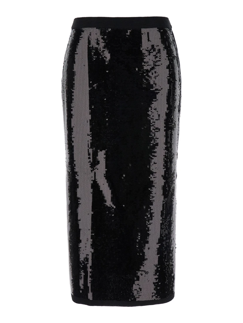 Black Midi Skirt With Sequins All-Over in Technical Fabric Woman