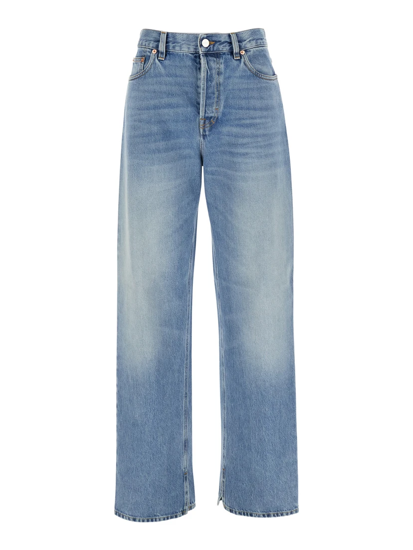 Blue Jeans with Belt Loops and Logo Patch on the Rear in Denim Woman