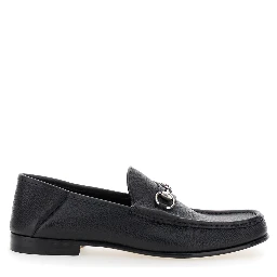 Black Loafers with Horsebit Detail on the Front in Hammered Leather Man