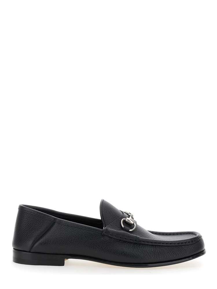 Black Loafers with Horsebit Detail on the Front in Hammered Leather Man