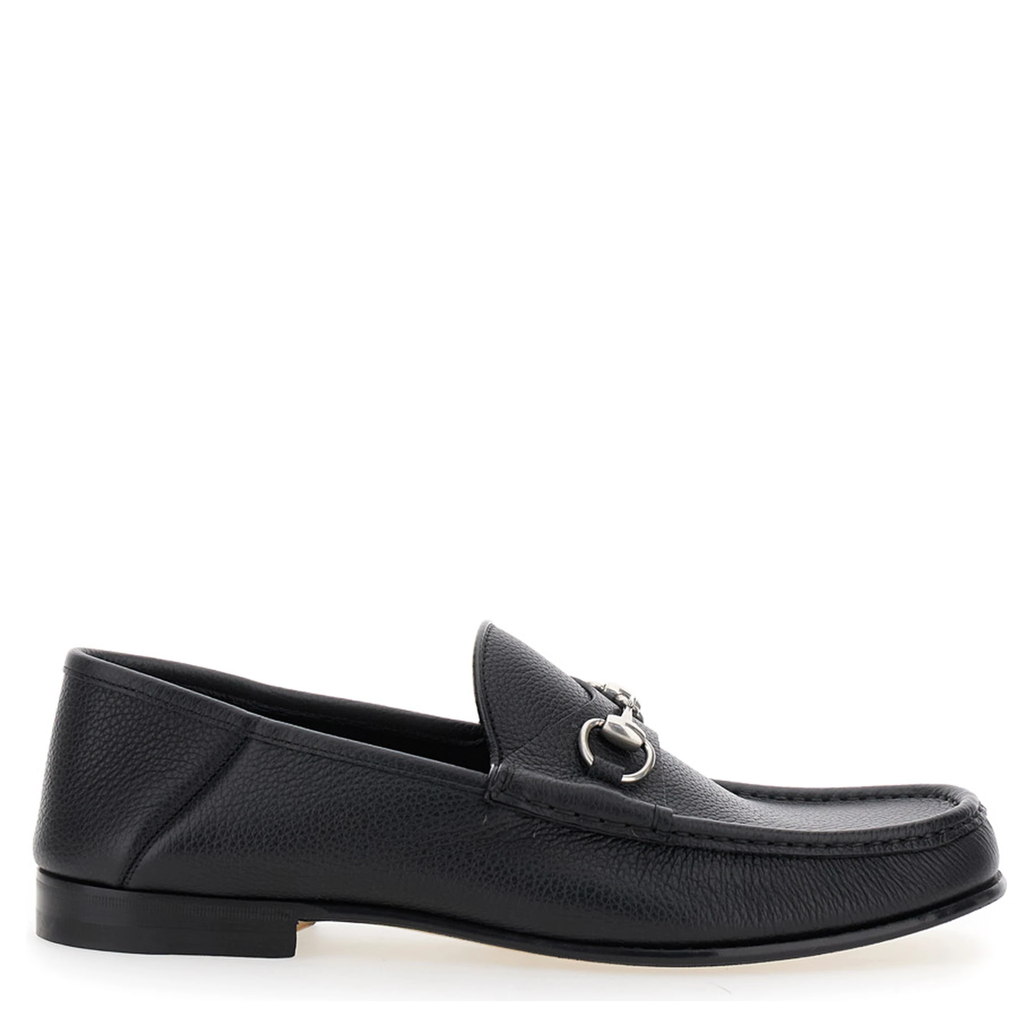 Black Loafers with Horsebit Detail on the Front in Hammered Leather Man
