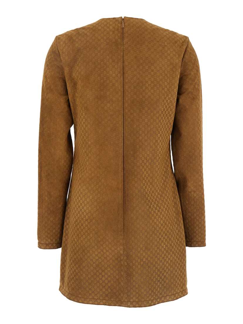 Brown Dress with Front Horsebit Details and All-Over GG Motif in Suede Woman