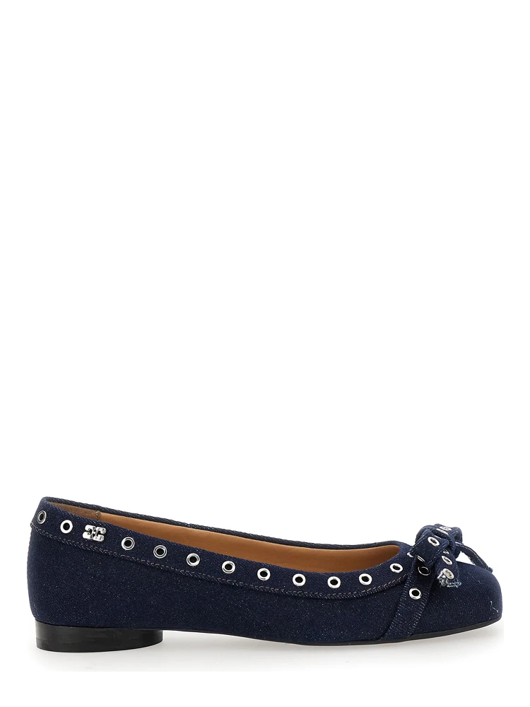 Blue Ballet Flats with Eyelet Details in Cotton Woman