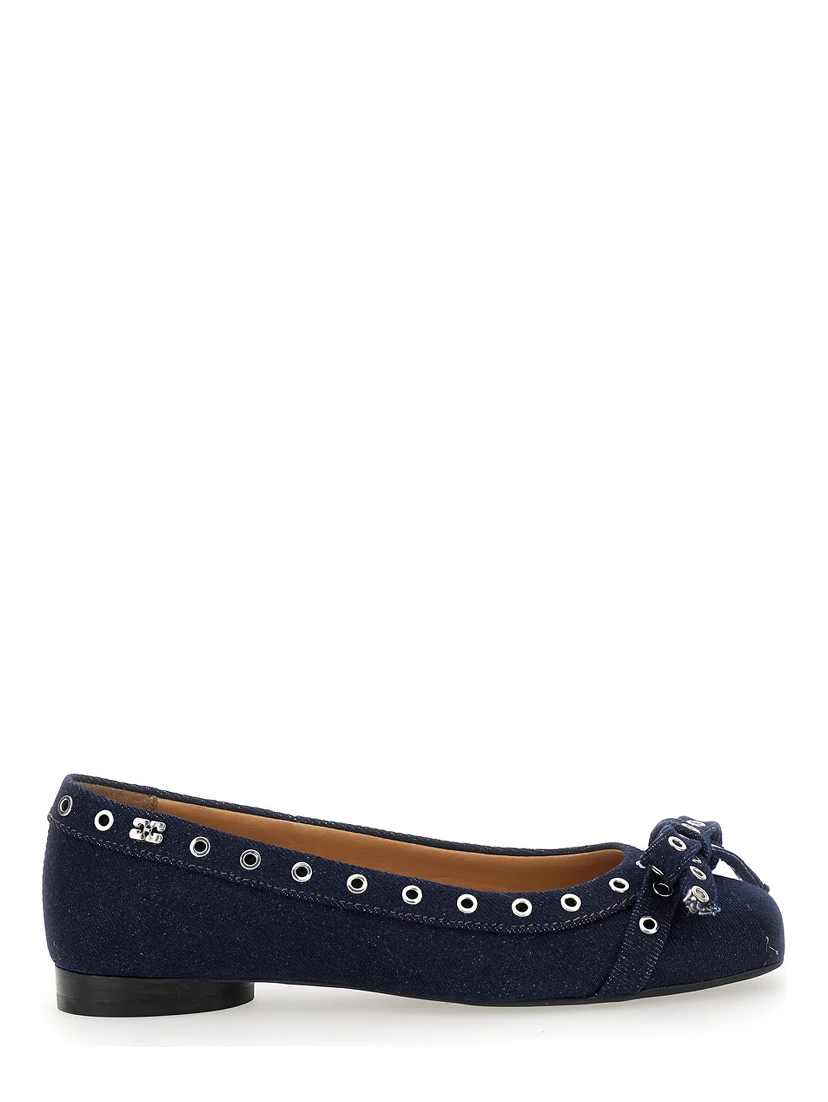 Blue Ballet Flats with Eyelet Details in Cotton Woman