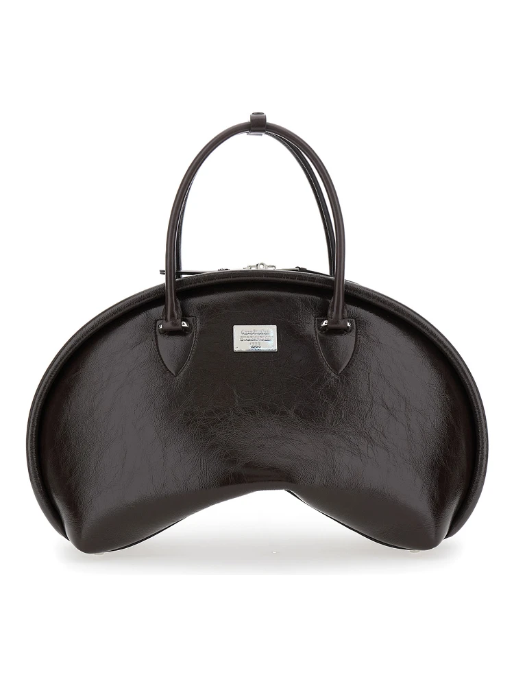 Black Handbag with Two Top Handles and Logo Plaque on the Front in Leather Woman