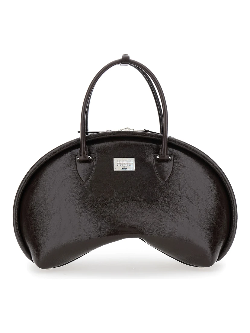 Black Handbag with Two Top Handles and Logo Plaque on the Front in Leather Woman
