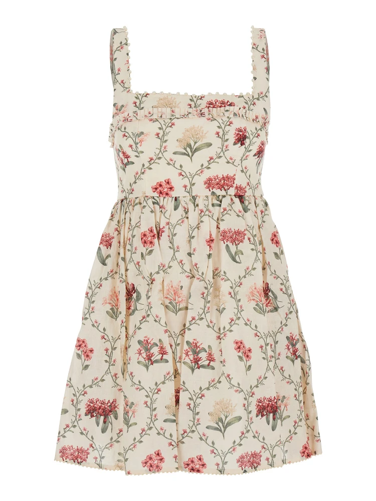 Barbara Multicolor Short Dress with All-Over Floral Embroidery in Linen Woman