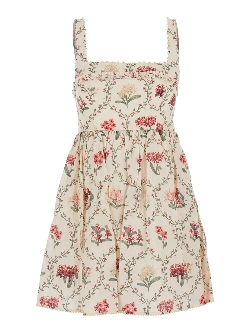 Barbara Multicolor Short Dress with All-Over Floral Embroidery in Linen Woman
