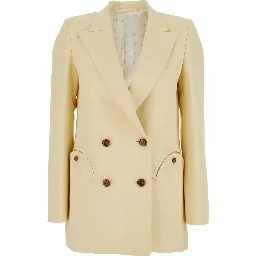 Savannah Beige Double-Breasted Jacket with Peak Revers in Linen and SIlk Blend Woman