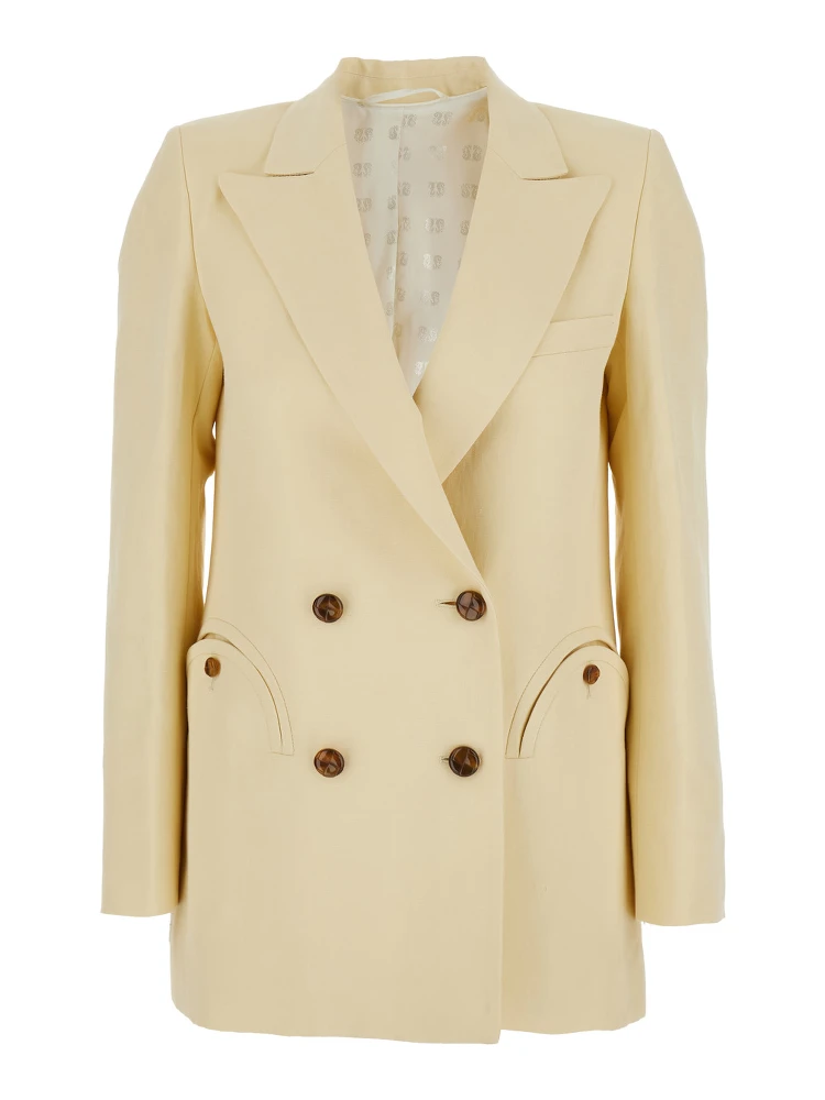 Savannah Beige Double-Breasted Jacket with Peak Revers in Linen and SIlk Blend Woman