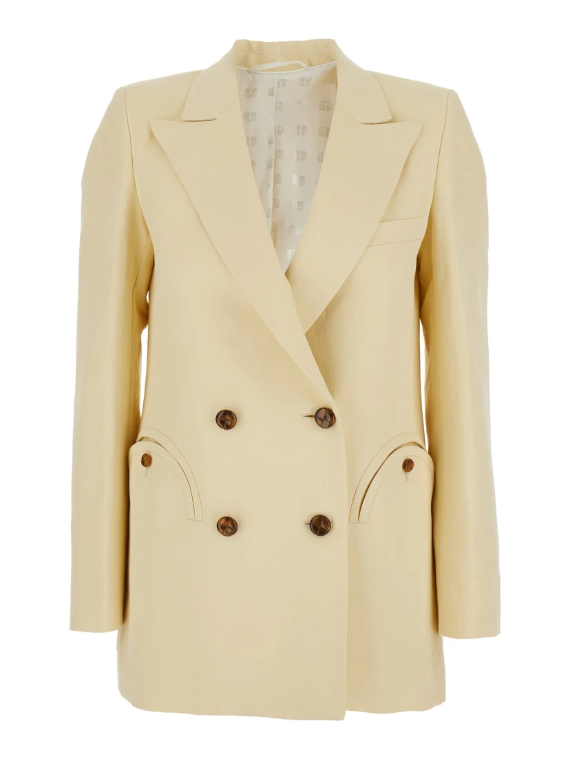 Savannah Beige Double-Breasted Jacket with Peak Revers in Linen and SIlk Blend Woman