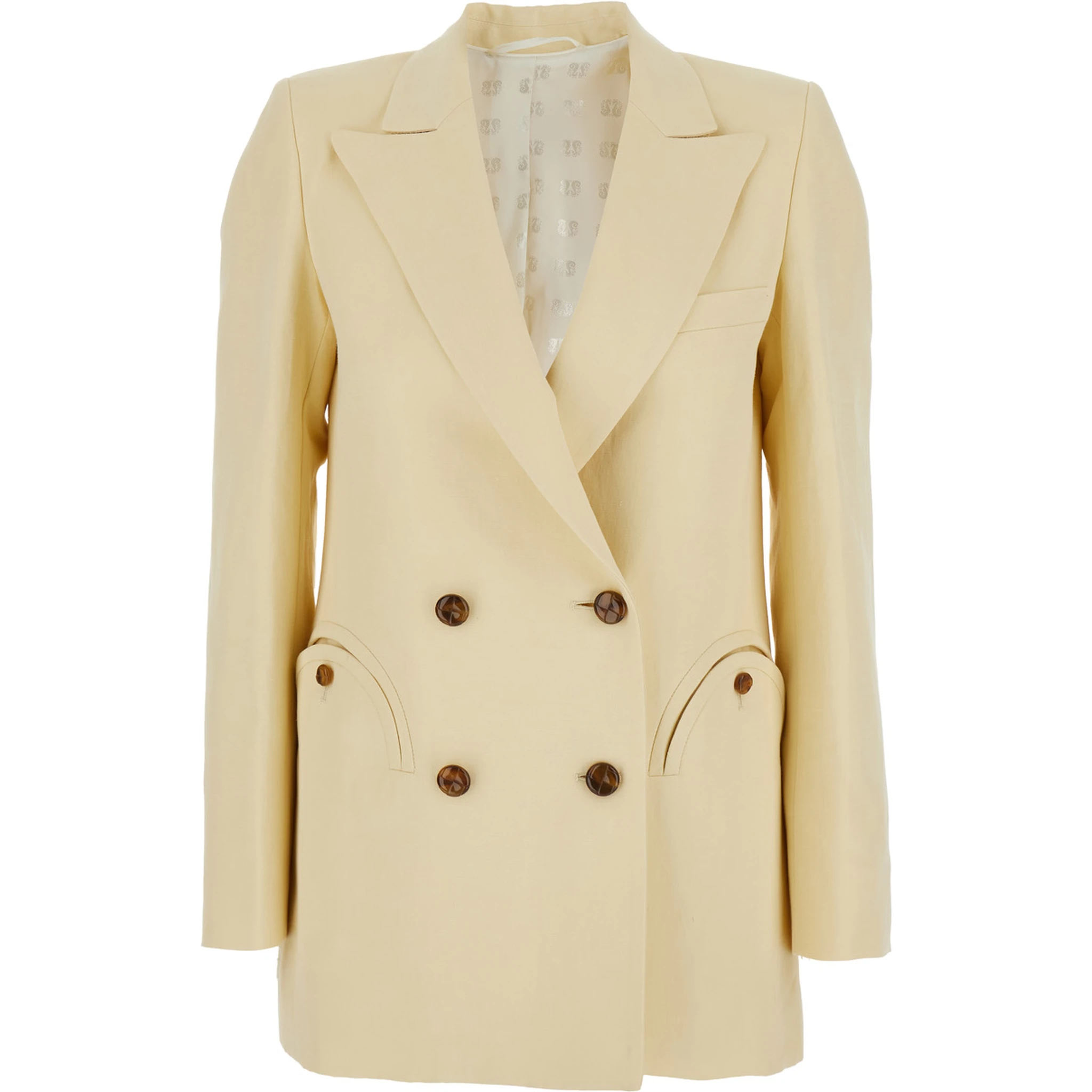 Savannah Beige Double-Breasted Jacket with Peak Revers in Linen and SIlk Blend Woman
