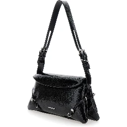 Ptit Voyou Black Shoulder Bag with Logo Lettering on the Front and Adjustable Shoulder Strap in Leather Woman