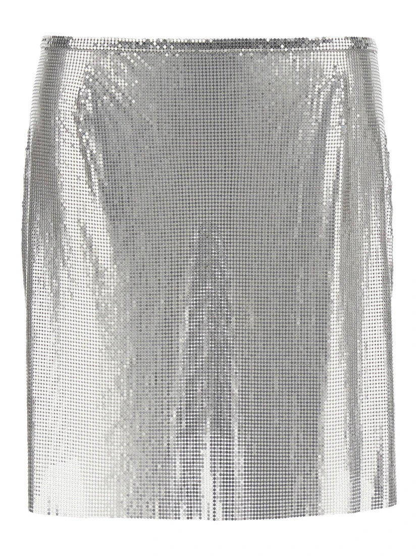 Metallic Miniskirt with High Waist and Chainmail Detail in Tech Fabric Woman
