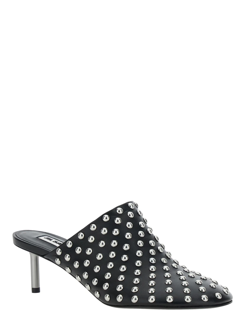 Black Mules with Low Heel and All-Over Stud Embellishments in Leather Woman