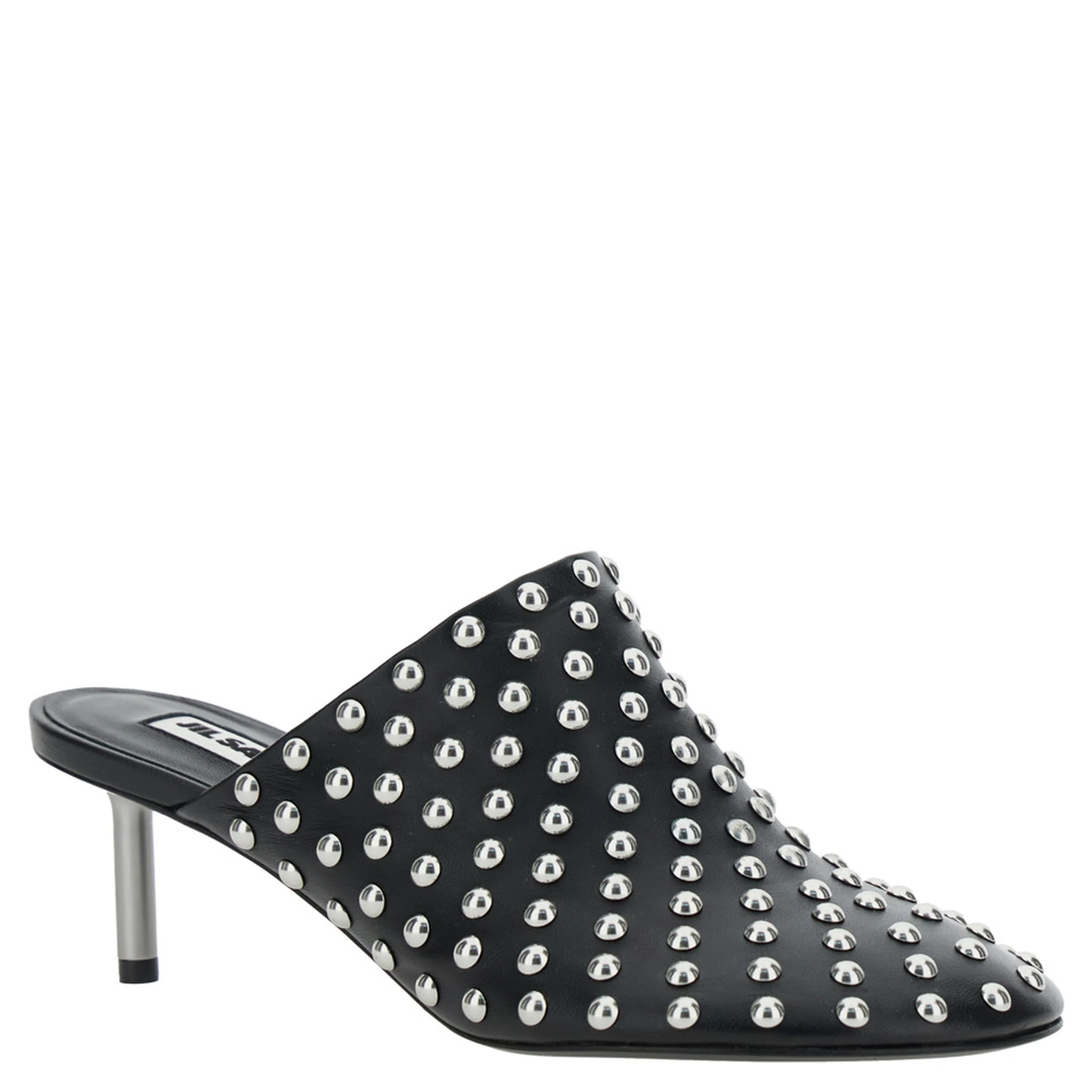 Black Mules with Low Heel and All-Over Stud Embellishments in Leather Woman