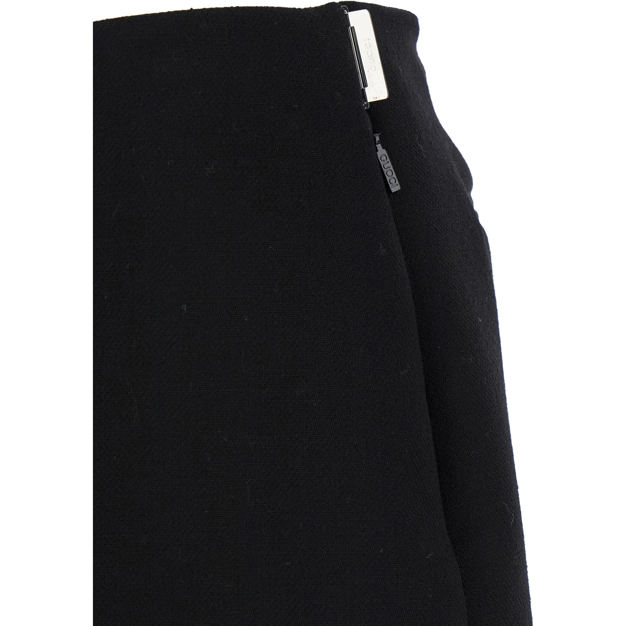 Black High Waist Skirt with Logo Lettering on Waist and Zip Puller in Wool Woman