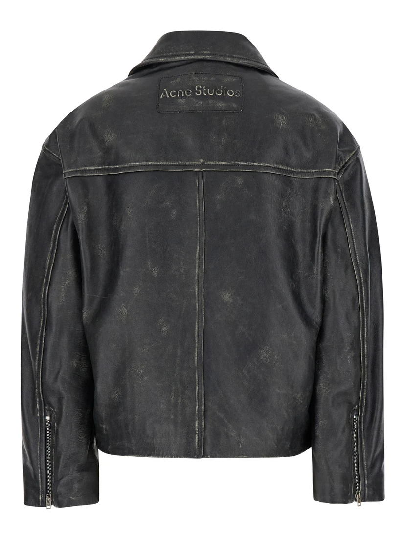 Black Biker Jacket in Vintage Looking Leather Woman