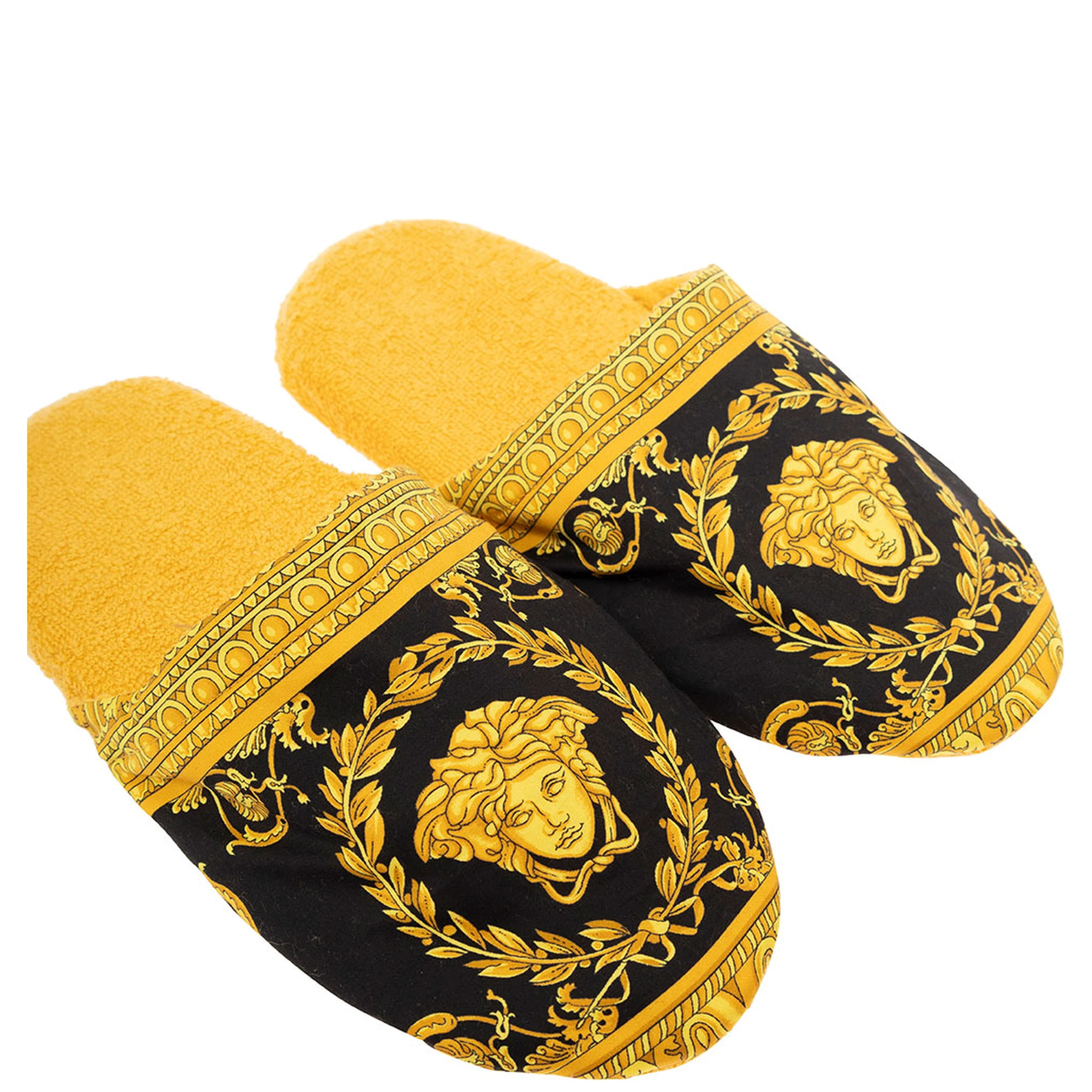 Ciabatte da Casa Nere e Oro in Cotone e Spugna con Stampa Barocca