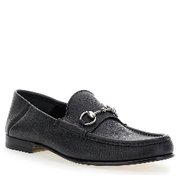 Black Loafers with Horsebit Detail on the Front in Hammered Leather Man