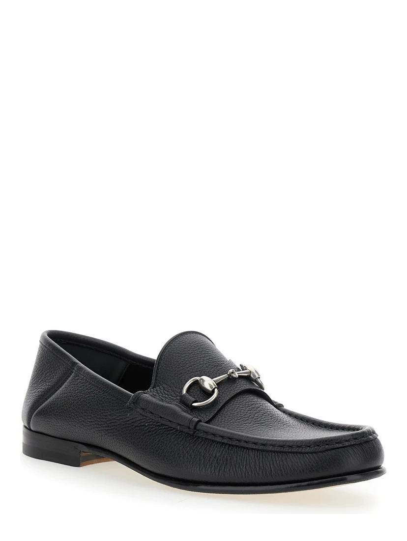 Black Loafers with Horsebit Detail on the Front in Hammered Leather Man