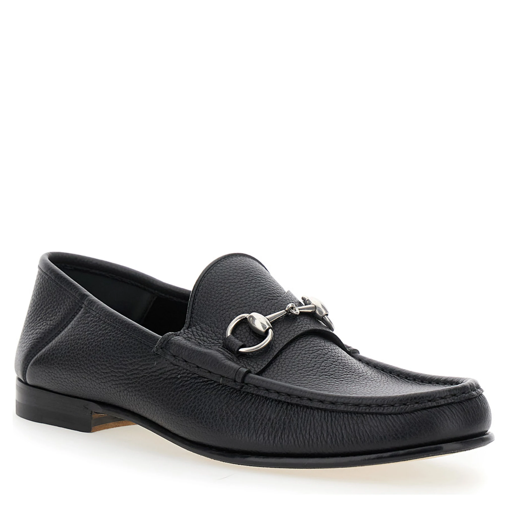 Black Loafers with Horsebit Detail on the Front in Hammered Leather Man