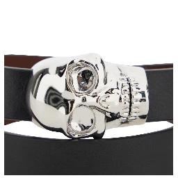 Black Bracelet with Skull Detail in Brass and Leather Man