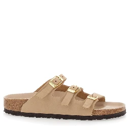 Florida Beige Sandals with Buckle with Logo Lettering in Leather Woman