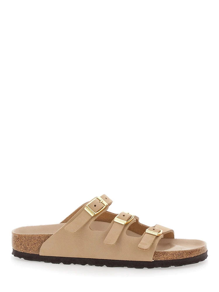 Florida Beige Sandals with Buckle with Logo Lettering in Leather Woman