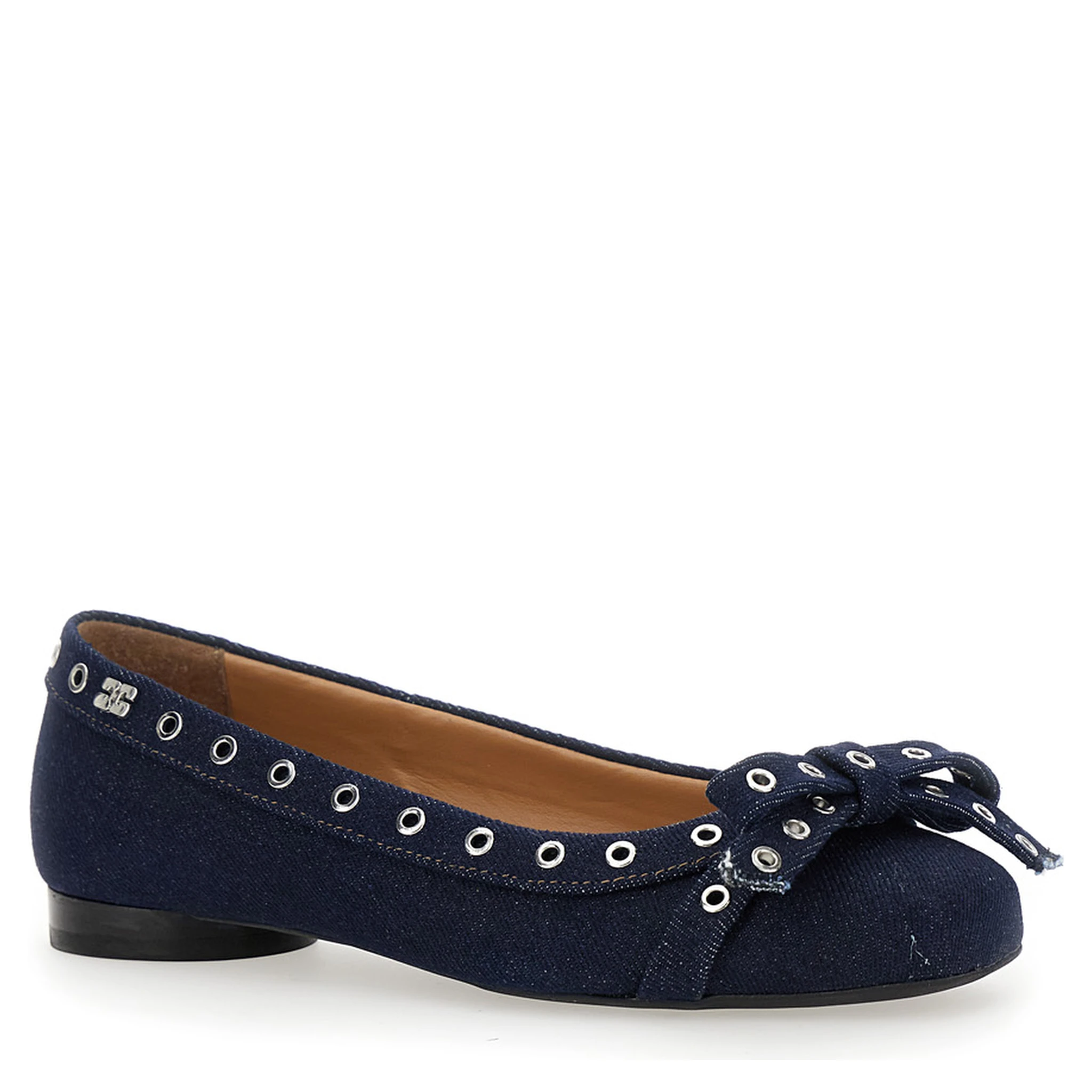 Blue Ballet Flats with Eyelet Details in Cotton Woman