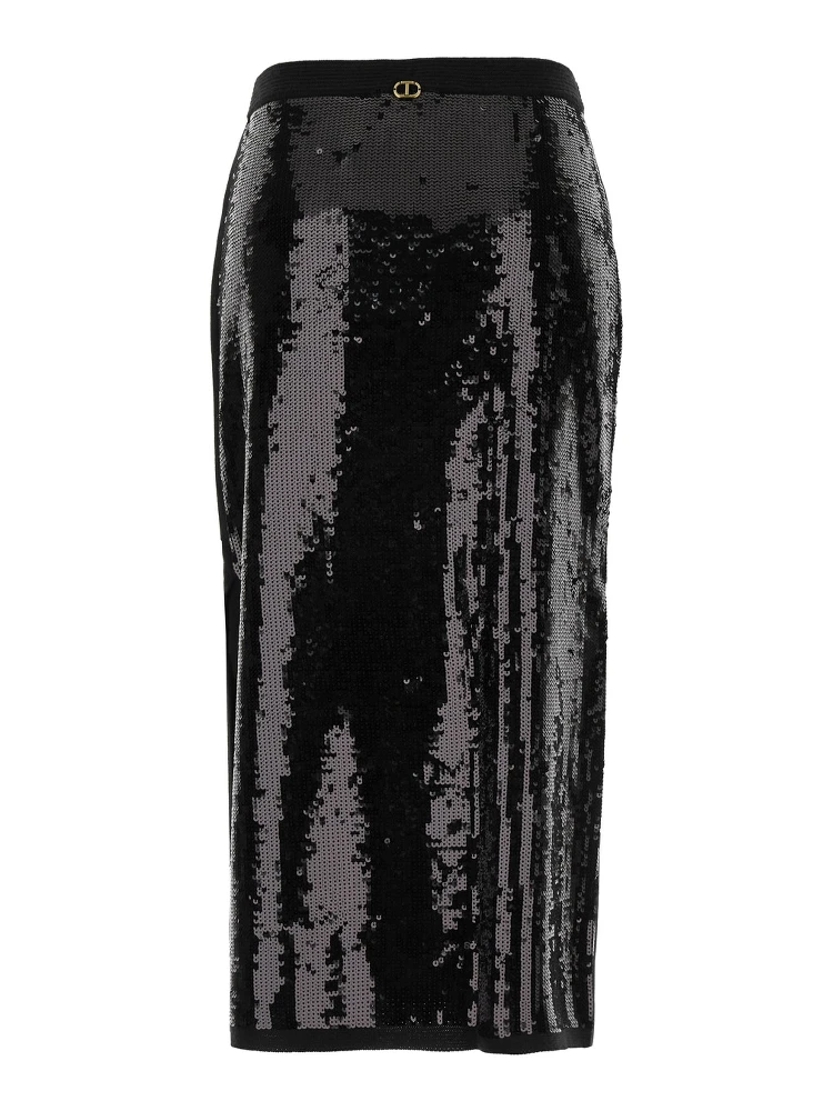 Black Midi Skirt With Sequins All-Over in Technical Fabric Woman alternative