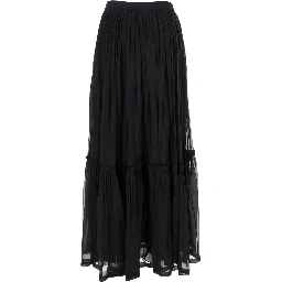Black Semi-transparent Skirt with All-Over Ruche in Silk Woman