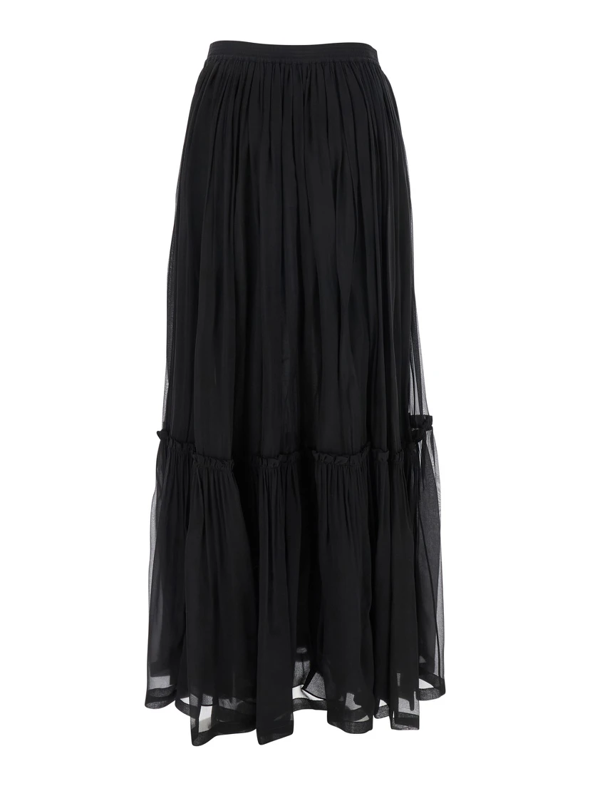 Black Semi-transparent Skirt with All-Over Ruche in Silk Woman