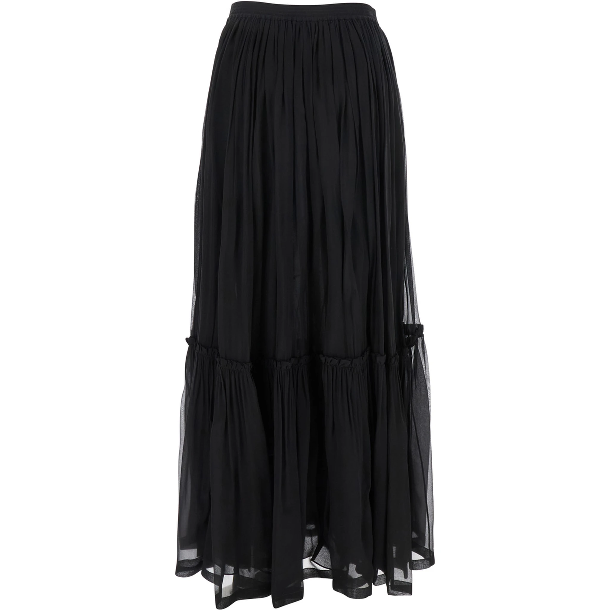Black Semi-transparent Skirt with All-Over Ruche in Silk Woman