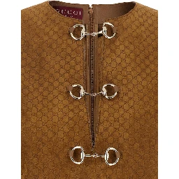 Brown Dress with Front Horsebit Details and All-Over GG Motif in Suede Woman