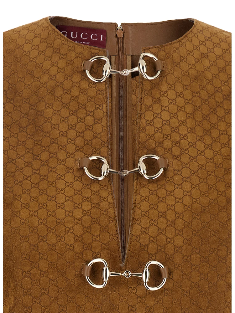 Brown Dress with Front Horsebit Details and All-Over GG Motif in Suede Woman alternative