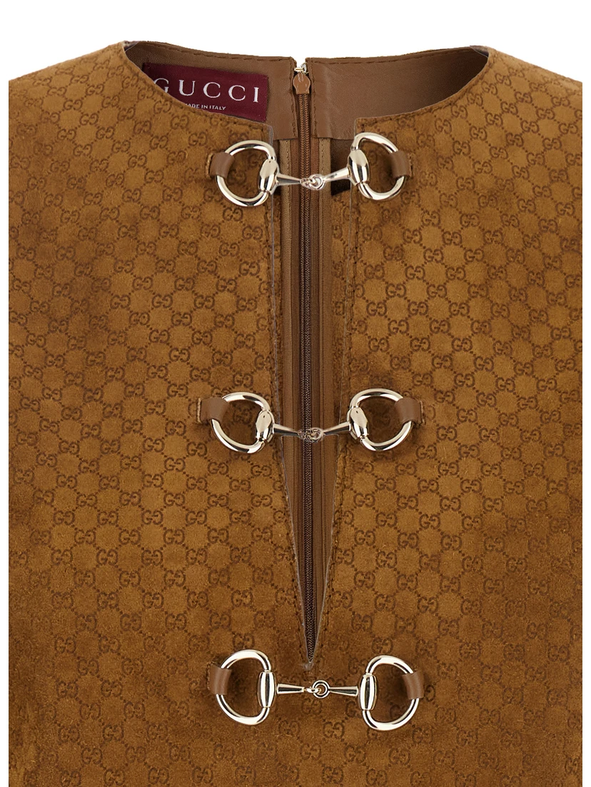 Brown Dress with Front Horsebit Details and All-Over GG Motif in Suede Woman